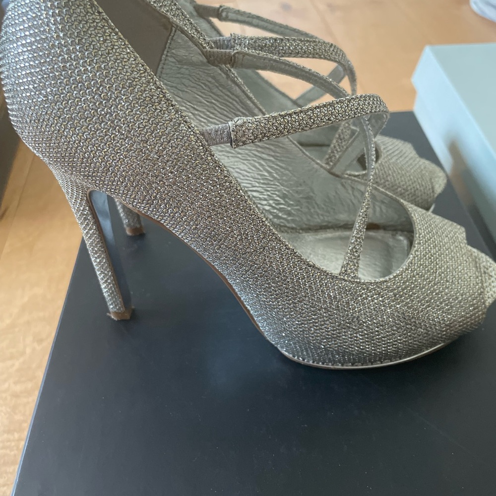 Adrianna Papell silver metallic crossover peep toe embellished platform heels